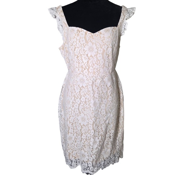 Aakaa Dresses & Skirts - Aakaa Lace Dress Women L Cream Nude Overlay Sweetheart Neck Flutter Sleeve Sheat